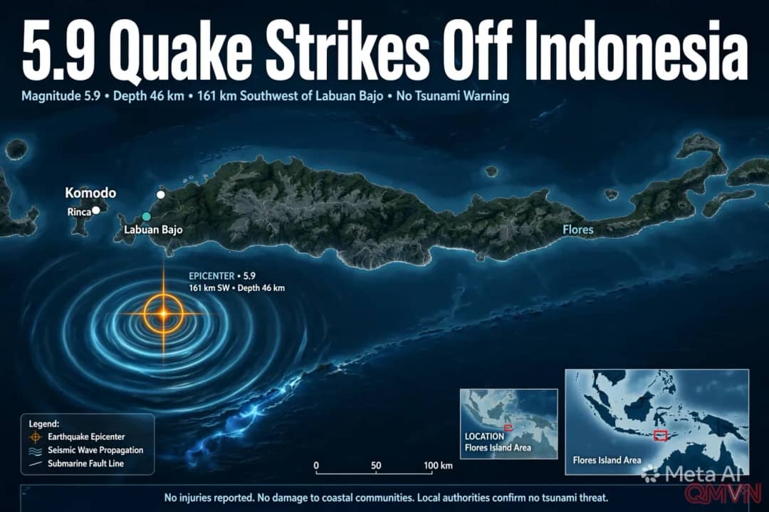 Động đất 5,9 độ ngoài khơi Indonesia gần Labuan Bajo, không có cảnh báo sóng thần, vài tuần sau trận động đất chết người ở Flores