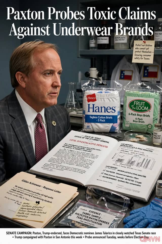 Tổng chưởng lý Texas Ken Paxton điều tra Hanes và Fruit of the Loom về nguy cơ hóa chất độc hại trong đồ lót trẻ em giữa cuộc đua vào Thượng viện