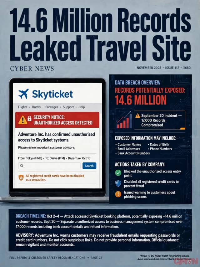 Nhật Bản: khoảng 14,6 triệu dữ liệu khách hàng của trang đặt vé du lịch Skyticket có thể đã bị rò rỉ