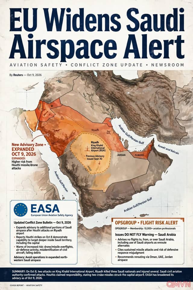 Cơ Quan Hàng Không EU Mở Rộng Cảnh Báo Không Phận Saudi Arabia Trước Nguy Cơ Tấn Công Từ Lực Lượng Houthi