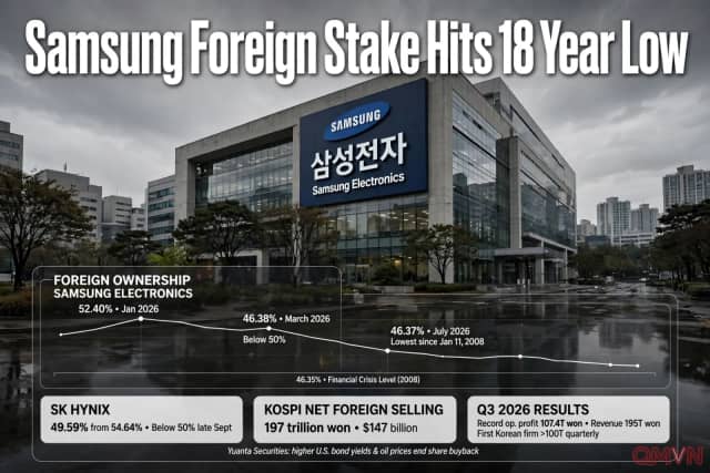 Tỷ lệ sở hữu nước ngoài tại Samsung xuống thấp nhất 18 năm dù tập đoàn vừa đạt lợi nhuận quý kỷ lục hơn 100 nghìn tỷ won