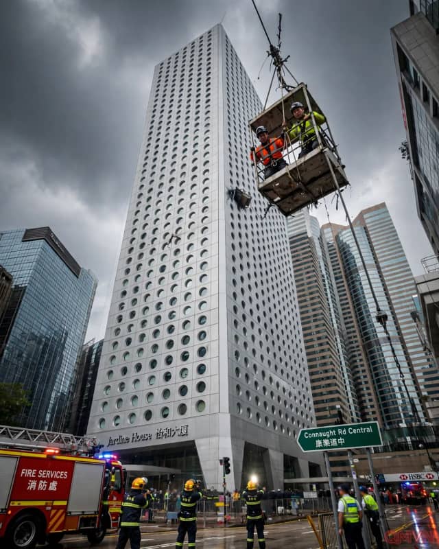 Hai công nhân vệ sinh thoát chết ngoạn mục khi bị treo lơ lửng hơn 30 tầng lầu ngoài tòa tháp Jardine House ở Hồng Kông