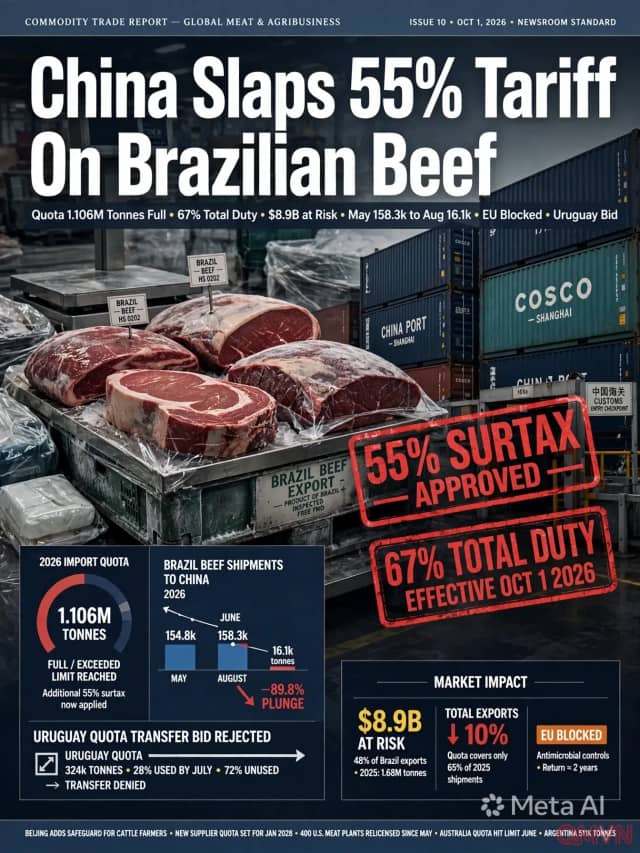 Trung Quốc áp phụ thu 55% với thịt bò Brazil sau khi hết hạn ngạch, bác đề xuất mượn hạn ngạch của Uruguay