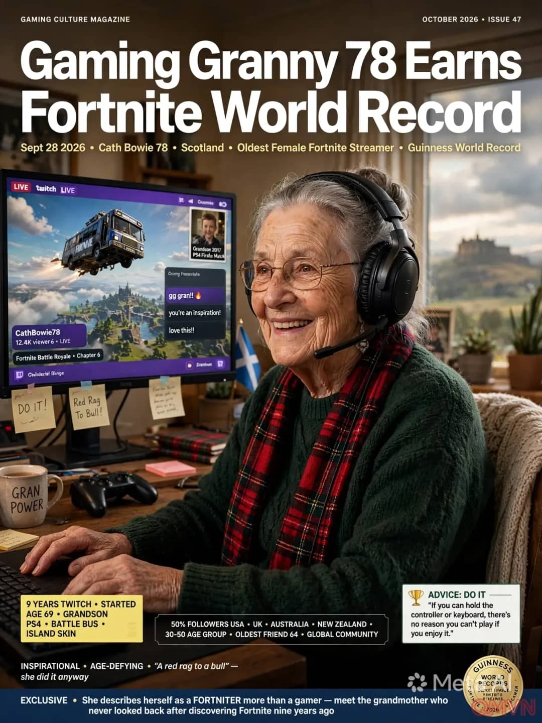 Cụ bà 78 tuổi người Scotland lập kỷ lục Guinness với danh hiệu nữ streamer Fortnite lớn tuổi nhất thế giới