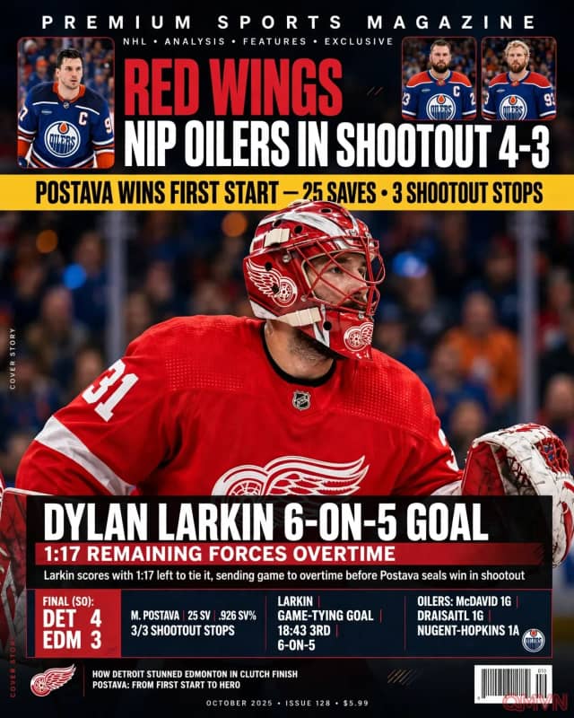 Michal Postava hóa người hùng trong lần đầu bắt chính, Detroit Red Wings hạ Oilers ở loạt shootout