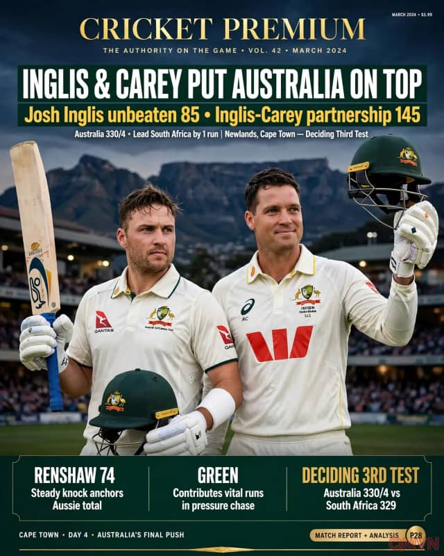 Inglis và Carey đưa Australia chiếm thế thượng phong trước Nam Phi ở trận Test quyết định