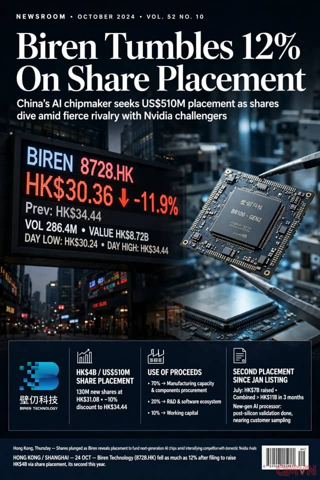 Cổ phiếu hãng chip AI Biren của Trung Quốc lao dốc 12% khi gọi thêm 510 triệu USD, phơi bày cơn khát vốn của các đối thủ Nvidia