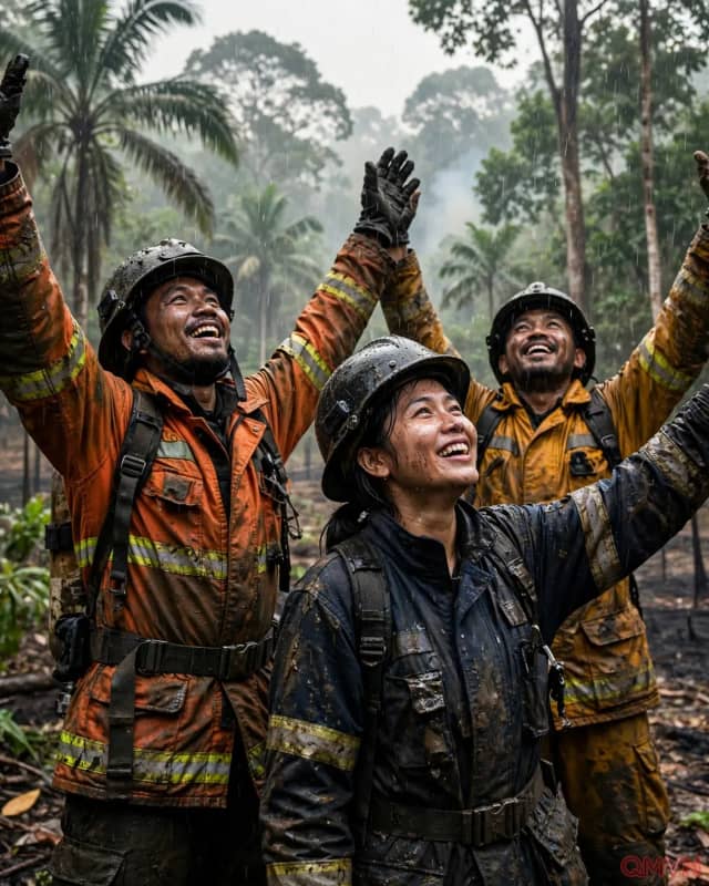 Lính cứu hỏa Indonesia vỡ òa khi những cơn mưa đầu mùa làm dịu khói mù sau nhiều tuần chiến đấu với cháy rừng